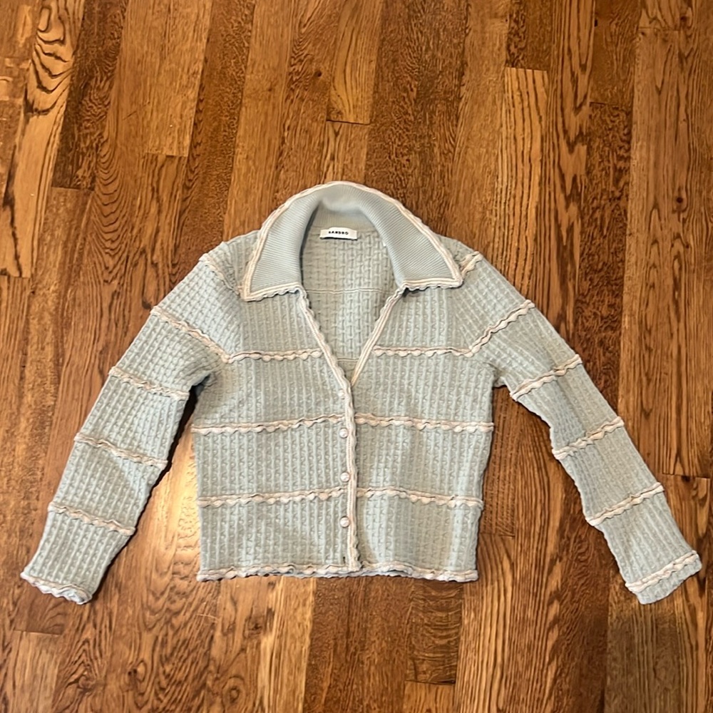 Sandro Light Blue Cropped Knit Cardigan with White Trim